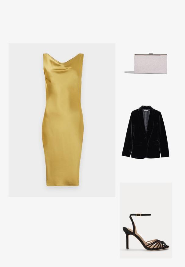 Blazer de terciopelo negro con una textura suave, solapas con muesca, cierre de un solo botón y dos bolsillos frontales, exhibido sobre un fondo blanco.; Vestido de satén amarillo con escote drapeado, forma ajustada, largo hasta la rodilla y textura suave. Sin patrones o acentos visibles.; Sandalia negra de tacón alto con puntera abierta, múltiples tiras delanteras finas y una correa ajustable en el tobillo con hebilla dorada.; Bolso de mano rectangular plateado con purpurina, con marco metálico y cierre de broche, proyectando una sombra sobre un fondo blanco.