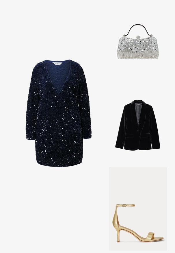 Zwarte fluwelen blazer met een gladde textuur, notch-lapels, sluiting met één knop en twee voorkruipzakken, weergegeven tegen een witte achtergrond.; Navyblauwe, met pailletten bedekte jurk met lange mouwen, wikkelontwerp, diepe V-hals en textuurstof, met een aansluitende taille en losse zoom.; Gouden sandaal met hoge hak, dunne enkelriem met gesp, open teen en slanke hak, zijaanzicht op witte achtergrond.; Zilveren clutch met kristallen versieringen, bloemmotieven en geometrische patronen, een kraaltjesgesp en franjes langs de onderkant.