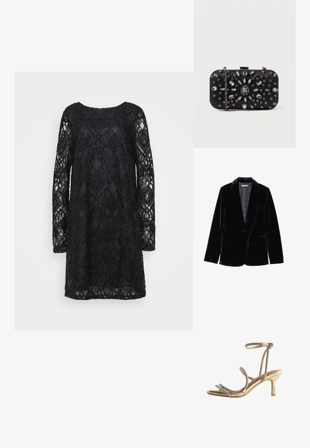 Schwarzer Samtblazer mit glatter Textur, mit Reverskragen, Ein-Knopf-Verschluss und zwei Fronttaschen, vor einem weißen Hintergrund präsentiert.; Schwarzes Spitzenkleid mit geometrischem Muster, langen Ärmeln und Rundhalsausschnitt, mit transparenter Textur und fester Unterlage.; Goldene High-Heels-Sandalen mit dünnen, mit Strass verzierten Riemen um die Zehen und Knöchel sowie einem kleinen Schnallenverschluss.; Schwarze Clutch mit rechteckiger Form, verziert mit verschiedenen Strasssteinen in einem floralen Muster, ausgestattet mit einer silbernen Kette zum Tragen.