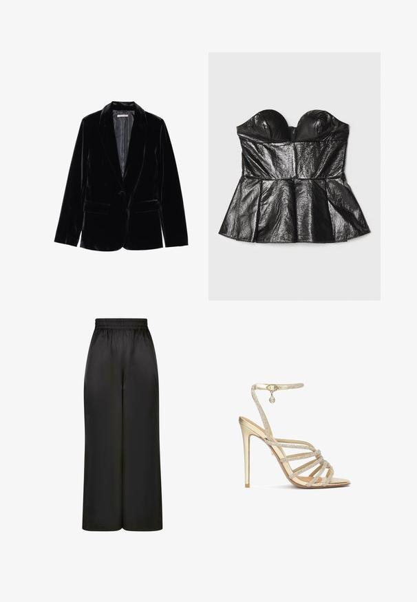 Blazer en velours noir avec une texture lisse, revers cranté, fermeture à un bouton et deux poches avant, présenté sur un fond blanc.; Sara Battaglia SWEETHEART - Débardeur - black; Pantalons larges noirs en tissu lisse et brillant, avec une taille élastique et sans poches ni détails en métal visibles.; Sandales à talons hauts dorées avec plusieurs brides ornées de cristaux et une sangle de cheville, présentant une finition métallique lisse et un bout pointu.