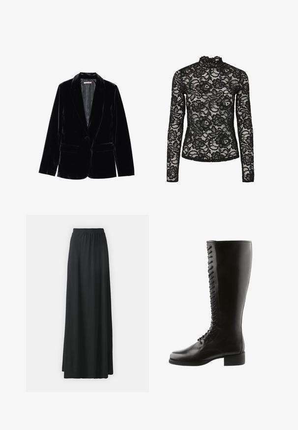 Blazer en velours noir avec une texture lisse, revers cranté, fermeture à un bouton et deux poches avant, présenté sur un fond blanc.; Haut en dentelle noire à manches longues avec col haut agrémenté d'une bordure à volants, motifs floraux et texture transparente. Conçu pour un ajustement près du corps.; Jupe maxi noire en tissu doux et extensible avec une taille élastique, présentant une silhouette fluide en A.; Bottes en cuir noir jusqu'au genou avec un laçage à l'avant, un bout rond et un talon bloc, avec une texture lisse et sans motifs visibles.