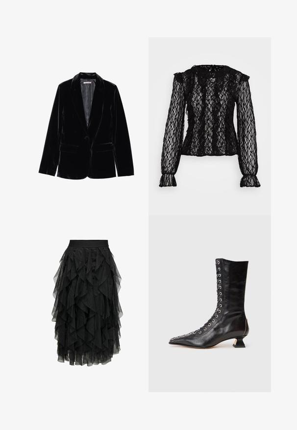 Blazer en velours noir avec une texture lisse, revers cranté, fermeture à un bouton et deux poches avant, présenté sur un fond blanc.; Haut en dentelle noire à manches longues avec une coupe ajustée, des détails volantés aux épaules et aux poignets, et un motif floral texturé tout au long.; Jupe noire en tulle superposé avec un design à volants. Elle dispose d'une taille élastique. Le tissu transparent ajoute de la texture et du mouvement.; Bottine noire en cuir avec un bout pointu, laçage à l'avant, œillets en métal, petit talon block et un design épuré. Texture lisse, silhouette moderne.
