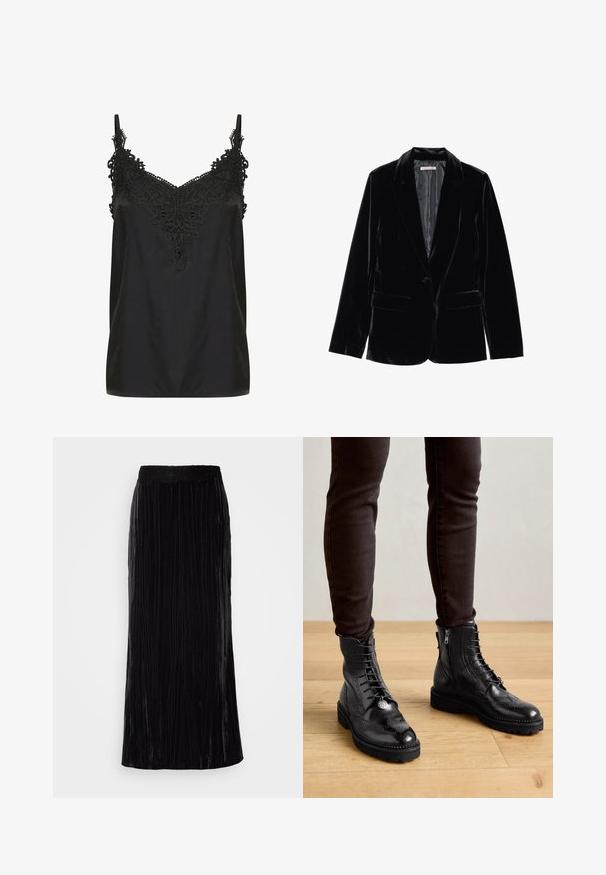Zwarte fluwelen blazer met een gladde textuur, notch-lapels, sluiting met één knop en twee voorkruipzakken, weergegeven tegen een witte achtergrond.; Zwart cami-top met een v-hals en ingewikkelde kantdetails bij de halslijn. Voorzien van spaghettibandjes en een soepele, lichte stof.; Zwarte fluwelen maxirok met verticale plooien en een golvende kant tailleband. De stof heeft een zachte, gestructureerde uitstraling.; Zwarte leren enkellaarsjes met brogue-details, een vetersluiting aan de voorkant, ritsen aan de zijkant en gestructureerde rubberen zolen. Gecombineerd met donkere slim-fit broek.