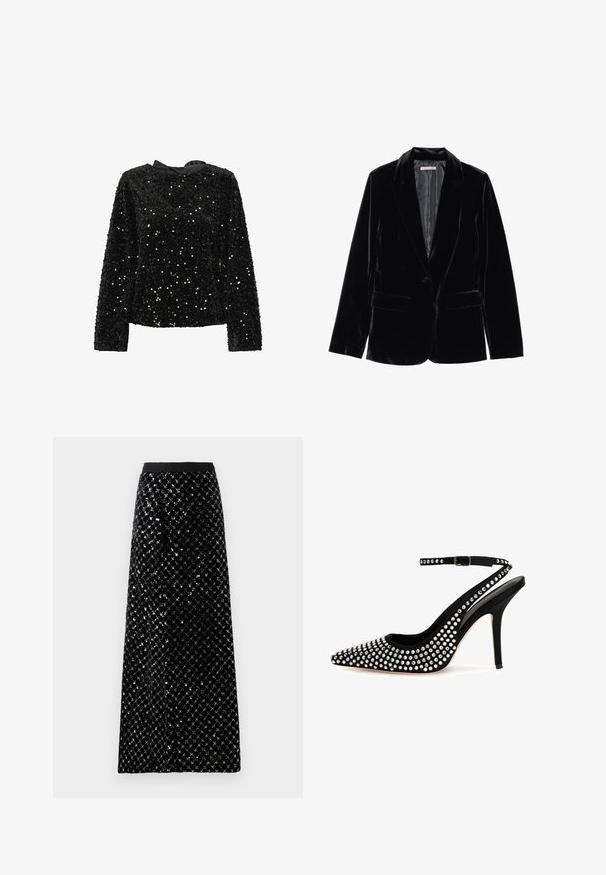 Zwarte fluwelen blazer met een gladde textuur, notch-lapels, sluiting met één knop en twee voorkruipzakken, weergegeven tegen een witte achtergrond.; Zwarte pailletten top met lange mouwen, ronde halslijn en satijnen lint aan de achterkant. Gelaagd oppervlak met afwisselende paillettenformaten voor glans.; Zwarte fluwelen maxi rok versierd met een diamanten sequins patroon, met een soepele tailleband en een rechte silhouet.; Guess ESTAR NIETEN - Hoge hakken - zwart