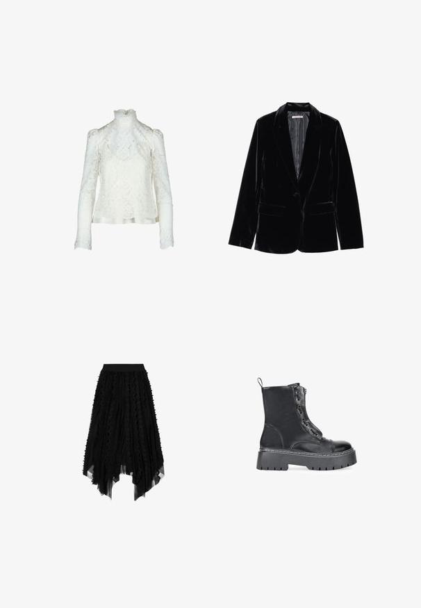 Blazer de terciopelo negro con una textura suave, solapas con muesca, cierre de un solo botón y dos bolsillos frontales, exhibido sobre un fondo blanco.; Blusa de encaje blanca con cuello alto, mangas largas abullonadas y patrón floral. Ribete de satén en la parte inferior para un detalle añadido.; Falda midi asimétrica negra con capas de encaje y rayas verticales de malla, con cintura ajustada.; Botín negro de imitación cuero con suela gruesa, cordones en la parte delantera, cremallera lateral y costuras blancas contrastantes a lo largo del borde de la suela.