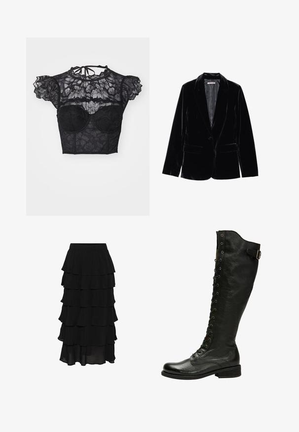 Zwarte fluwelen blazer met een gladde textuur, notch-lapels, sluiting met één knop en twee voorkruipzakken, weergegeven tegen een witte achtergrond.; LASCANA Blouse - black; Zwarte midi-rok met meerdere gelaagde ruches en een elastische tailleband, gemaakt van lichtgewicht stof.; Zwarte leren kniehoog laars met vetersluiting aan de voorkant, zilveren oogjes en een bucklet aan de zijkant. Heeft een gestructureerde afwerking en een gestapelde hak.