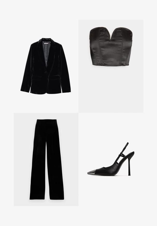 Schwarzer Samtblazer mit glatter Textur, mit Reverskragen, Ein-Knopf-Verschluss und zwei Fronttaschen, vor einem weißen Hintergrund präsentiert.; Vero Moda VMSALLY CROPPED SIMILI CORSAGE - Top - black; Schwarze Samt-Manschettenhose mit hoher Taille, gefältelter Vorderseite und glatter Textur, entworfen für einen lässigen Sitz.; Schwarzer Slingback-Pump mit spitzem Zeh und glänzender metallischer Kappe. Verfügt über einen hohen Stiletto-Absatz und einen schmalen Knöchelriemen. Glatte Lederoberfläche.