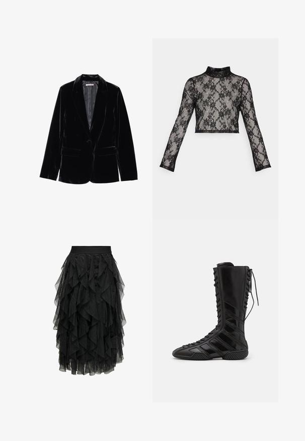 Blazer en velours noir avec une texture lisse, revers cranté, fermeture à un bouton et deux poches avant, présenté sur un fond blanc.; ONLY ONLHELENA HIGH NECK LACE - T-shirt à manches longues - black; Jupe noire en tulle superposé avec un design à volants. Elle dispose d'une taille élastique. Le tissu transparent ajoute de la texture et du mouvement.; Bottes montantes noires en matériau synthétique brillant, présentant un design de laçage sophistiqué et des accents de rayures diagonales sur les côtés.