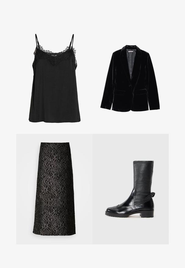 Blazer en velours noir avec une texture lisse, revers cranté, fermeture à un bouton et deux poches avant, présenté sur un fond blanc.; Camisole noire à bretelles ajustables, dotée d'une bordure en dentelle au niveau de l'encolure. Fabriquée en tissu doux avec une coupe ample et sans motifs visibles.; Jupe maxi en dentelle noire avec un motif floral et un design texturé, présentant une silhouette droite et une doublure intérieure lisse.; Bottine noire avec une tige en cuir lisse, des détails de brogue, un bout rond et un talon bloc de hauteur moyenne. Comprend un tige douce et texturée.