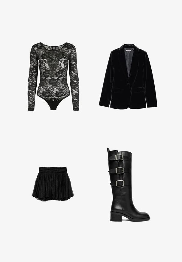 Čierny velvetový blazer s hladkou textúrou, so zúženými klopami, jedným gombíkom na zapínanie a dvoma prednými vreckami, vystavený na bielom pozadí.; Čierne čipkované body s dlhým rukávom, kvetinovým vzorom, výstrihom do široka a priliehavým strihom, navrhnuté Urban Classics.; Čierna čipkovaná sukňa s plisovaným dizajnom, s priliehavým pásom a vrstveným tylovým podšitím pre pridanie objemu a textúry.; Čierna kožená čižma po kolená s troma nastaviteľnými striebornými prackami a nízkym hrubým podpätkom na bielom pozadí.
