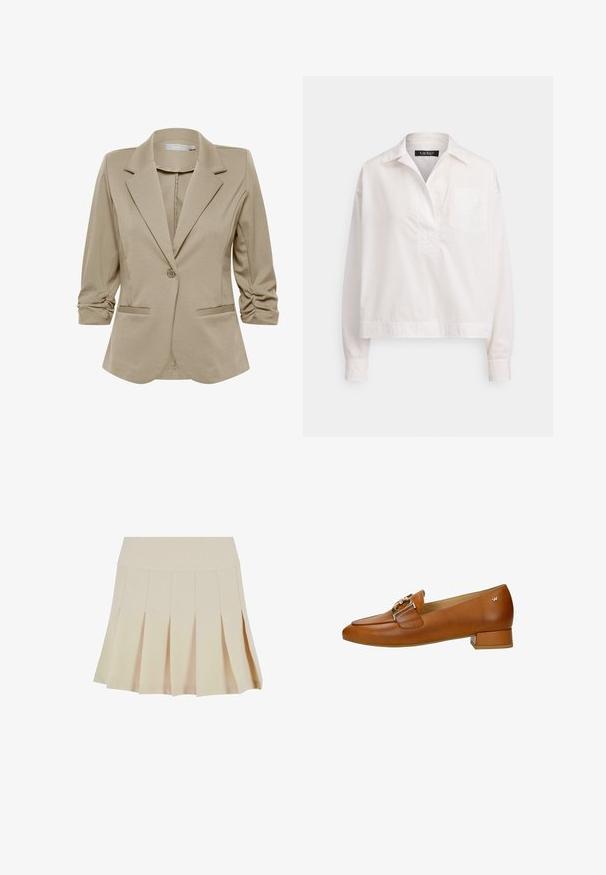 Béžový blazer so slim strihom, klopovými goliermi, jedným gombíkom a vyhrnutými rukávmi. Dva predné vrecká. Hladká, textúrovaná tkanina.; Biela košeľa s dlhým rukávom vyrobená z bavlny. Má golier, polovičné zapínanie na gombíky a jednu náprsné vrecko; spodný lem je mierne skrátený.; Bežová plisovaná sukňa s priliehavým pásom, vyrobená z hladkej tkaniny. Má niekoľko vertikálnych plisovaní a rovný lem.; Hnedá kožená dámska mokasína so zlatou prackou a nízkym hrubým podpätkom, bočný pohľad na bielom pozadí.