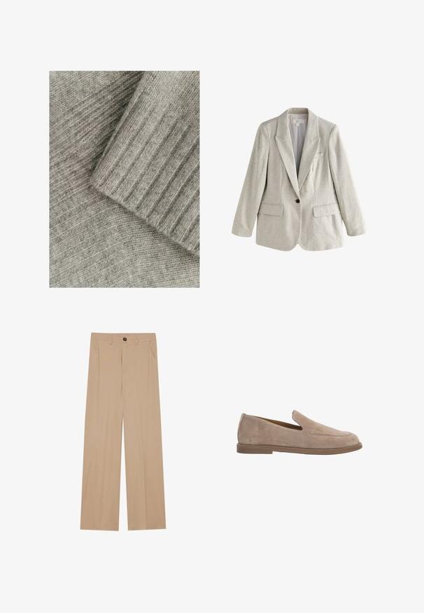 Lichtbeige linnen blazer met één knoop, met inkeping revers, twee voorflapzakken en een borstzak, afgebeeld op een witte achtergrond.; Zacht grijs gebreid stof met ribbelstructuur, met gelaagde secties, één glad en één met een diagonaal patroon.; Beige wijde broek met een gladde textuur, voorzien van twee zijzakken, een frontale knoopsluiting en subtiele plooien voor een extra detail.; Beige suède instapper met lage platte bruine zool en mocassinnaaistijl detail op het bovenwerk.