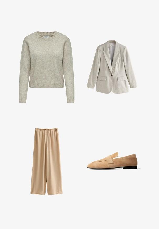 Blazer de lino beige claro con un solo botón, solapas con muesca, dos bolsillos delanteros con solapa y un bolsillo de ojal en el pecho, mostrado sobre un fondo blanco.; Suéter de mujer en color beige claro, hecho de una suave tela de punto, que presenta un cuello redondo y puños y dobladillo de canalé. Diseño clásico de corte recto.; Pantalones de pierna ancha de color nude, hechos de una tela suave y ligera, con una cintura elástica con cordón y un ajuste holgado.; Mocasín de ante marrón claro con un tacón bajo negro y una amplia tira decorativa en la parte superior, mostrado de perfil sobre un fondo blanco.