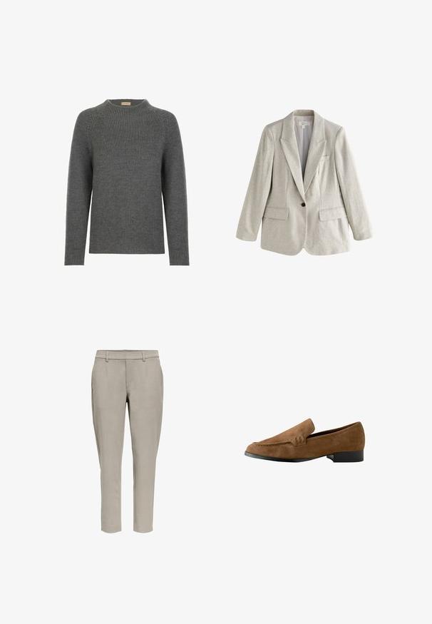 Lyse beige hørblazer med enkelt knap, notch-lapel, to frontlommer med klap og en brystlomme, vist på hvid baggrund.; Grå strikket sweater med rund hals, lange ærmer og ribbet tekstur. Har en afslappet pasform og et casual design, der er velegnet til lag-på-lag.; Lysegrå, slim-fit bukser med bæltestropper, sidelommer og lige ben mod en hvid baggrund.; Brune ruskinds loafers med en lidt forhøjet hæl, en glat tekstur, syninger foran og en rund tådesign.