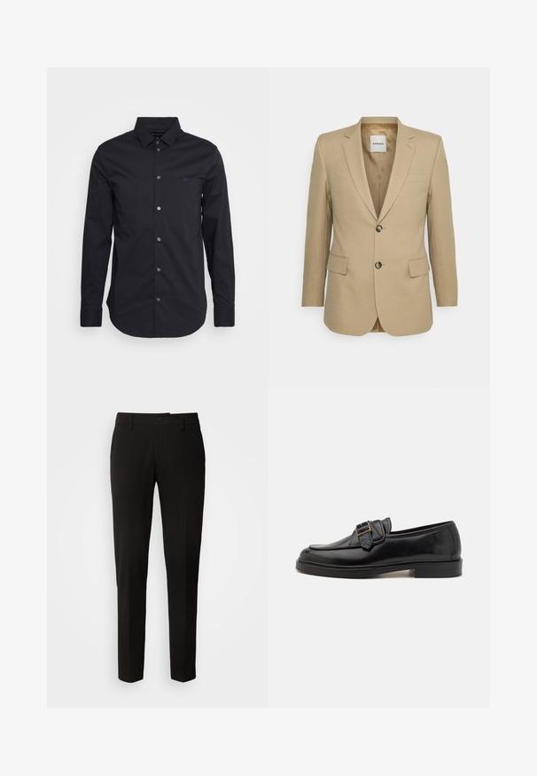Khaki blazer lavet af tekstureret stof, med en enkeltknap design, to frontlommer og diskrete reversdetaljer.; Sort langærmet skjorte med knaplukning lavet af glat stof, med klassisk krave, langærmede ærmer og et lille logo på brystet.; Sorte bukser med lige ben design, der har knaplukning, bæltestropper og en glat stofstruktur. Ingen synlige mønstre eller accenter.; Sorte læder loafers med rund tå og en dekorativ spændeaccent. Flad, solid hæl og glat tekstur hele vejen igennem.