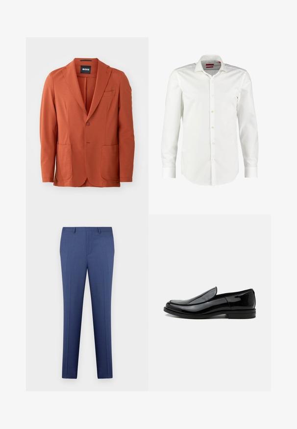Orange tekstureret blazer med spids klap, to frontlommer og en enkelt knaplukning. Mærket "BOSS" i kraven.; Hvid langærmet skjorte med knapper lavet af glat bomuldsstof. Har en klassisk krave, ren frontplacket og knapmanschetter.; Blå skræddersyede herrebukser med bæltestropper, lynlås foran og pressefold, præsenteret mod en hvid baggrund.; Sort blankt læder slip-on selskabssko med lav hæl og rundet tå set fra siden på hvid baggrund.