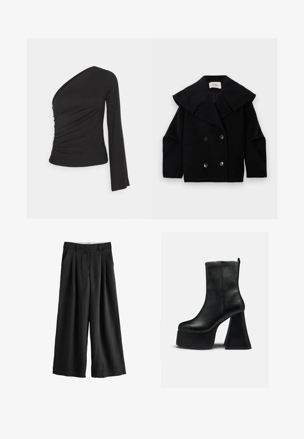 Sort dobbeltbrystet uldfrakke med oversized bred krave og fire knapper, præsenteret fladt mod en lys baggrund.; Asymmetrisk langærmet top i sort, med en sammensamlet side for tekstur og en tætsiddende silhuet. Lavet af blødt, strækbart materiale.; Sorte bukser med vide ben, bæltestropper, frontplisseringer og sidelommer, vist på en hvid baggrund.; Sort læderankelstøvle med tyk platformsål og bred, udvidet høj hæl, glat tekstur og lille logo nær den øverste kant.