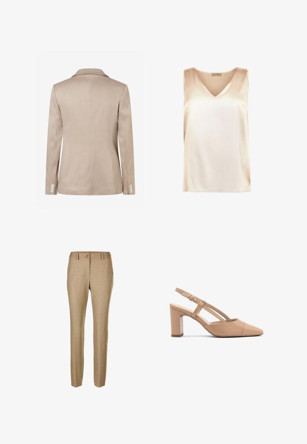 Beiger, maßgeschneiderter Blazer mit langen Ärmeln, Reverskragen und geknöpften Manschetten, von hinten gezeigt.; Beige ärmelloses Top aus glattem Stoff mit V-Ausschnitt und geradem Saum. Minimalistischer Stil ohne zusätzliche Muster oder Akzente.; Hellbraune maßgeschneiderte Hosen mit einem subtilen strukturierten Muster, Knopfverschluss, Gürtelschlaufen und schmalen, geraden Beinen.; Beige Leder Slingback-Absätze mit einer spitzen Zehenform, Blockabsatz und einem Riemen mit einer kleinen goldenen Schnalle. Glatte Textur, minimalistisches Design.