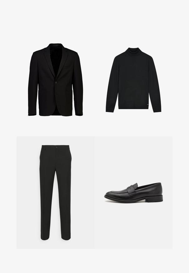 Svart blazer med én knapp foran, hakkede revers, to fremre lommer og et glat, strukturet stoff. Skreddersydd passform, uforet innsiden.; Svart, langermet genser med høy hals, ensfarget design og ribbestrikket krage, mansjetter og kant mot hvit bakgrunn.; Svarte skreddersydde bukser med rett snitt, med en enkelt knappåpning og beltehemper. Glatt, mattsvart stoff utan mønster.; Sorte skinnloafere med en glatt finish, en dekorativ stropp over toppen, rund tå, og en lav stablet hæl.