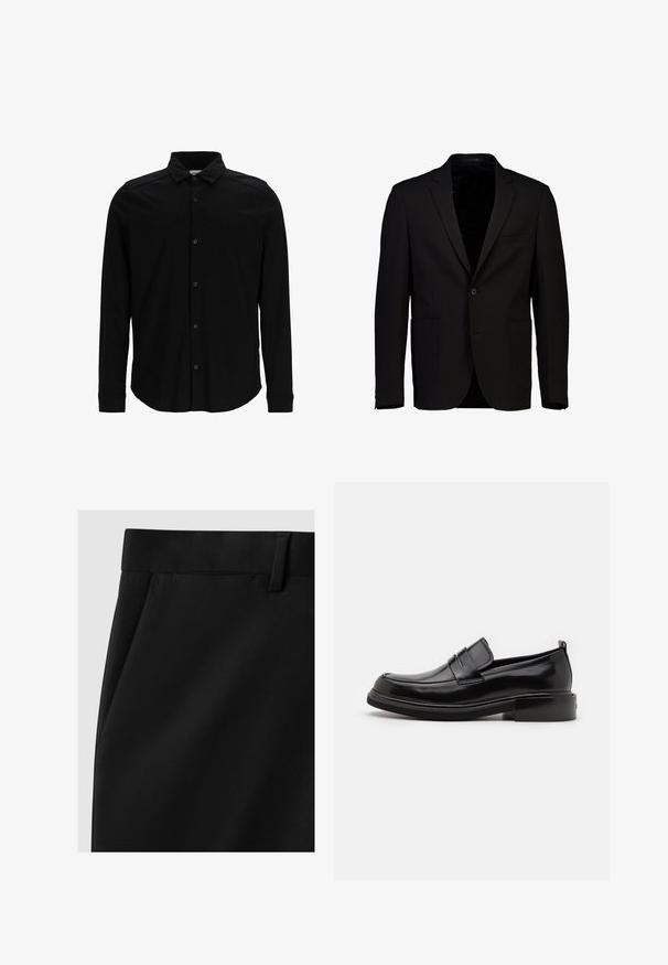 Blazer negro con un solo botón al frente, solapas con muescas, dos bolsillos delanteros y una tela lisa y estructurada. Corte entallado, interior sin forro.; Camisa negra de manga larga hecha de una tela suave, con frente abotonado, cuello y un discreto logo bordado en el pecho.; Pantalones negros de corte ajustado con una textura suave, que presentan una cinturilla plana, bolsillos laterales y un diseño de pierna recta.; Calvin Klein MOCCASIN - Mocasines elegantes - black