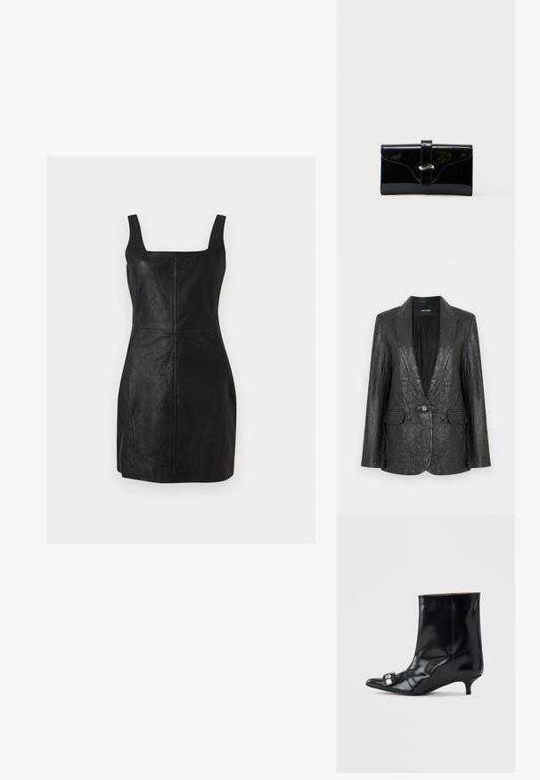 Blazer en cuir noir froissé avec un revers cranté, fermeture à un seul bouton et deux poches avant. Finition texturée et coupe cintrée.; Mini-robe noire sans manches en similicuir avec encolure carrée et détails visibles de coutures verticales et horizontales.; Bottine en cuir noir avec bout pointu, petit talon kitten bas et boucle décorative en argent sur le côté près de l'orteil.; Portefeuille rectangulaire brillant noir avec une sangle frontale et une fermeture à boucle en métal argenté, présenté sur un fond blanc uni.