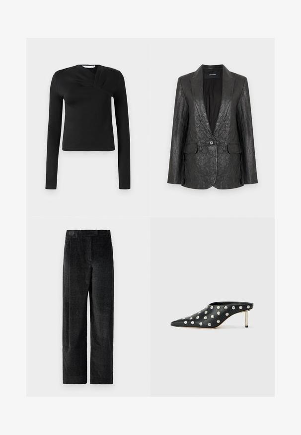 Sort krøllet læderblazer med en hakket revers, enkelt knaplukning og to forlommer. Tekstureret finish og skræddersyet design.; Sort langærmet top med en omslagsdesign, lavet af glat stof. Har en cropped længde og en V-formet udskæring. Ingen mønstre eller accenter.; Sorte, strukturerede bredbenede bukser med en markant vævning, der har forfrits og en flad talje. Klassisk design for alsidighed.; STAND STUDIO KELSEY - Mules med hæl - black