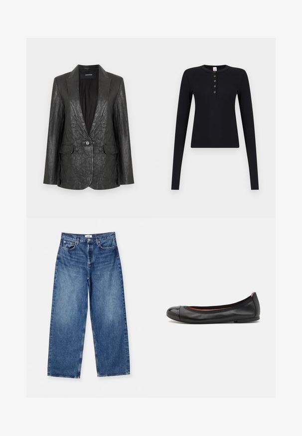 Sort krøllet læderblazer med en hakket revers, enkelt knaplukning og to forlommer. Tekstureret finish og skræddersyet design.; Sort langærmet ribbet henley-top med fem sølvfarvede trykknapper langs frontpladen og rund halsudskæring.; Lysblå vid ben jeans lavet af denim, med et klassisk fem-lomme design, synlig syning og en mid-rise talje.; Sorte læder balletflade med en rund tå og blanke kapdetaljer. Har en glat tekstur og subtil syning langs den øverste kant.