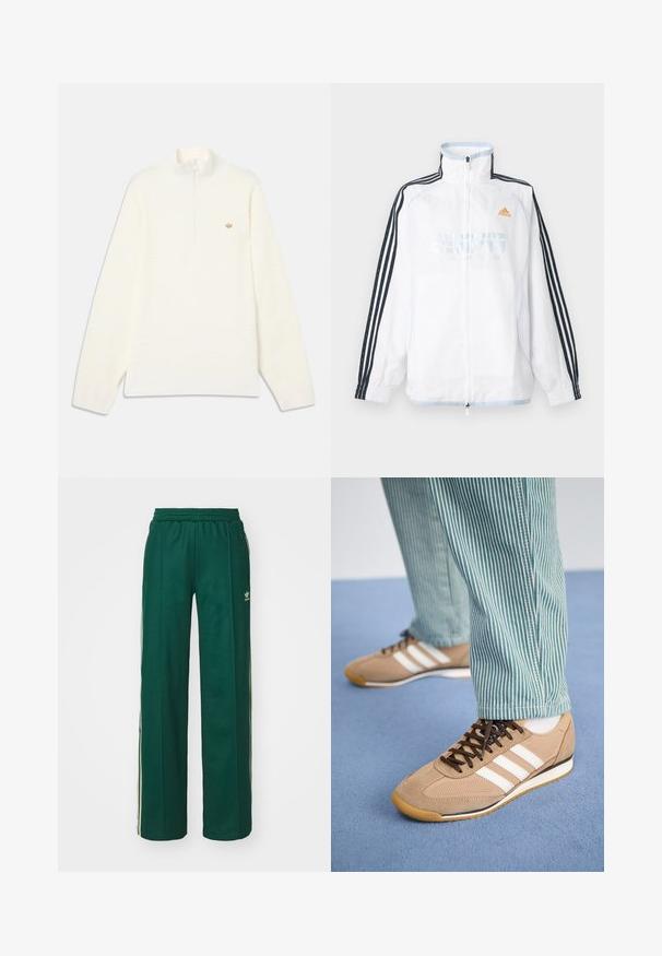 Λευκό μπουφάν Adidas με φερμουάρ και ψηλό γιακά, μαύρα μανίκια με τρεις ρίγες και πορτοκαλί λογότυπο στο στήθος.; Λευκό πλεκτό μπλουζάκι με μακριά μανίκια, φερμουάρ ¼ και μικρό καφέ λογότυπο στο αριστερό στήθος, εμφανίζεται σε απλό φωτεινό φόντο.; Σκούρο πράσινο αθλητικό παντελόνι με χαλαρή γραμμή, διαθέτει μέση με κορδόνι, πλαϊνές τσέπες και κρεμ λωρίδες κατά μήκος των πλαινών.; Μπεζ σουέτ και πλεκτά αθλητικά παπούτσια με καφέ κορδόνια και τρεις λευκές ρίγες. Συνδυασμένα με πράσινα και λευκά ριγέ παντελόνια, τοποθετημένα πάνω σε μια μπλε επιφάνεια.