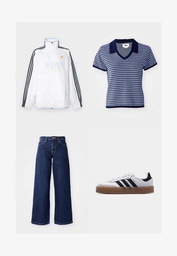 Weißes Adidas Zip-up-Jacke mit hohem Kragen, schwarzen Ärmeln mit drei Streifen und orangefarbenem Logo auf der Brust.; Türkis und marineblaues Kurzarm-Polo mit V-Ausschnitt, das ein strukturiertes geometrisches Muster sowie einen einfarbigen marineblauen Kragen und Bündchen aufweist.; Dunkelblaue weit geschnittene Jeans aus Denim, mit einem Knopf- und Reißverschluss, Gürtelschlaufen und klassischem Fünf-Taschen-Design.; Weiße Leder Sneakers mit schwarzen Streifen, Gummigummi-Außensohle, runder Zehenform, Schnürverschluss und weichem grauem Wildleder-Zehenkappe.