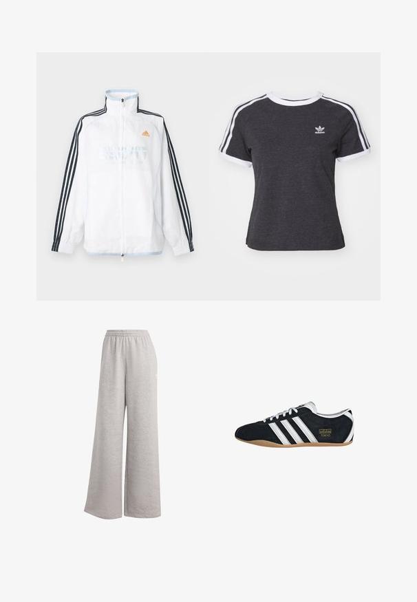 Chaqueta blanca de Adidas con cremallera, cuello alto, mangas negras con tres rayas y logo naranja en el pecho.; Camiseta de algodón gris oscuro con ribete blanco, mangas raglán cortas y tres rayas blancas en cada hombro. Presenta un pequeño logo en el pecho.; Pantalones de chándal gris claro con un corte holgado, cinturilla elástica y textura suave. Presenta un sutil logo en un lado. Diseño casual.; Zapatillas de ante negro con tres franjas blancas, logotipo dorado y suela de goma marrón. Presentan un diseño de cordones de perfil bajo.
