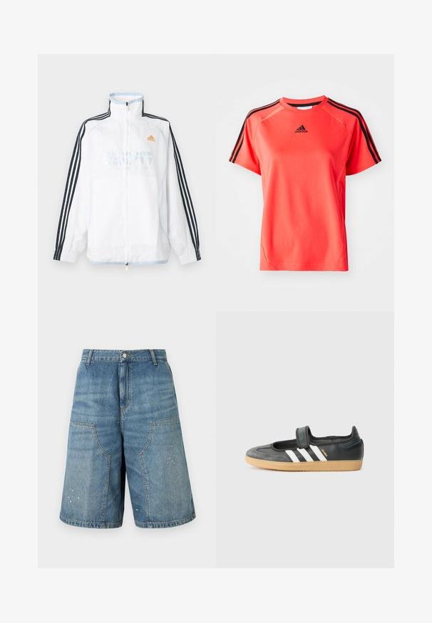 Λευκό μπουφάν Adidas με φερμουάρ και ψηλό γιακά, μαύρα μανίκια με τρεις ρίγες και πορτοκαλί λογότυπο στο στήθος.; Κοντομάνικο, φωτεινό κοραλλί αθλητικό T-shirt φτιαγμένο από ελαφρύ ύφασμα. Διαθέτει μαύρο λογότυπο Adidas και τρεις μαύρες ρίγες σε κάθε ώμο.; Μπλε τζιν σορτς μέχρι το γόνατο με μεγάλες μπροστινές τσέπες και μικρά λευκά πιτσιλίσματα μπογιάς, κλείσιμο με κουμπί και φερμουάρ στη μέση.; Μαύρο δερμάτινο και σουέντ αθλητικό παπούτσι με ιμάντα Velcro, χαρακτηρισμένο από τρεις λευκές ρίγες και καουτσούκ σόλα, με την ένδειξη "SAMBA" στο πλάι.
