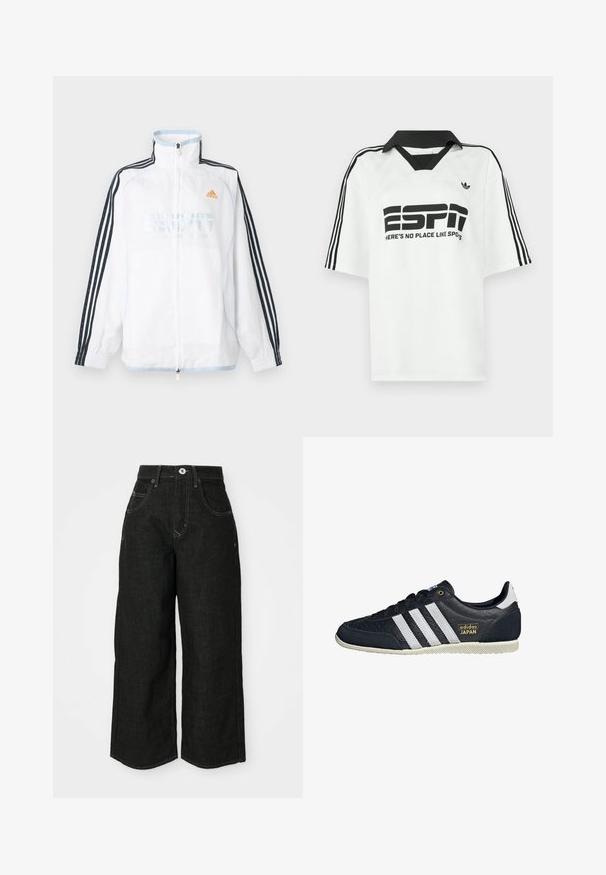 Weißes Adidas Zip-up-Jacke mit hohem Kragen, schwarzen Ärmeln mit drei Streifen und orangefarbenem Logo auf der Brust.; Weißes Kurzarmhemd mit schwarzem Kragen, drei schwarzen Streifen an den Ärmeln und fettem schwarzem Text mit der Aufschrift "ESPN" und "HERE'S NO PLACE LIKE SPOTS."; Schwarze Denim-Jeans mit weitem Bein und hohem Bund, ausgestattet mit Fronttaschen, genähten Nähten und einem klassischen Knopfverschluss. Weicher, strukturierter Stoff.; Schwarze Leder-Sneaker mit drei weißen Streifen, strukturierter Oberfläche, goldenem "adidas JAPAN"-Logo und einer gummierten Sohle mit Grip-Muster.