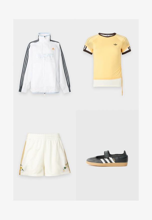 Balta Adidas virsjaka ar rāvējslēdzēju un augstu apkakli, melnas piedurknes ar trim svītrām un oranža logo uz krūtīm.; Dzeltena sporta T-krekls ar raglana piedurknēm, brūnām detalizācijām un trim baltām svītrām uz piedurknēm. Tajā ir redzams logotips un aukla apakšmalā.; Krēmkrāsas sporta šorti ar zelta sānu svītrām un mazām izšūtām zaļām, dzeltenām un baltām puķēm pie apakšmala abās pusēs.; Melna ādas un zamša sporta apavi ar Velcro siksnu, kurā ir trīs baltas svītras un gumijas zole, uz sāna uzraksts "SAMBA".