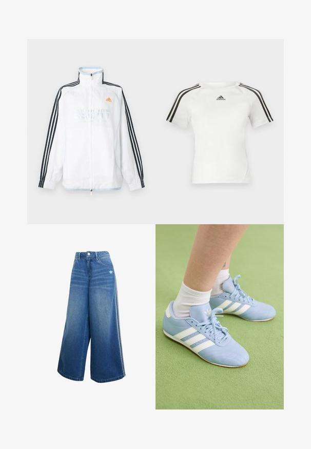Valge Adidas lukuga jakk kõrge kraega, mustade kolme triibuga varrukatega ja oranži logoga rinnal.; Valge lühikeste varrukatega sportlik särk, millel on must kolmerealine disain õlgadel, sile tekstuur ja väike must adidas'i logo rinnal.; Hallid jalgadega teksapüksid keskmises sinises värvuses, millel on kõrge vöökoht, peened õmblused ja väike valge logo ees.; Heledad sinine sportlikud jalanõud valgete triipude ja brändimisega. Omab tekstureeritud nahka, nööridega sulgemist ja kummist tallat. Kandmine valgete sokkidega.
