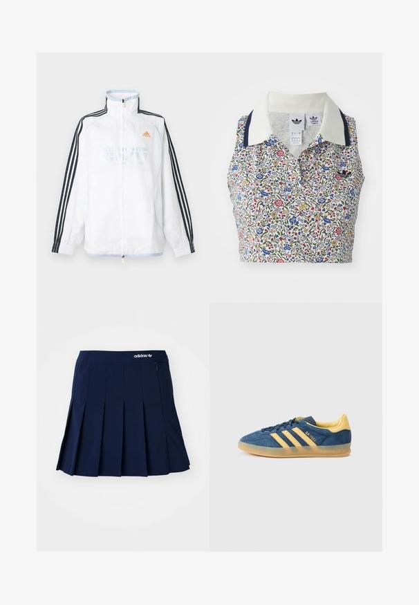 Λευκό μπουφάν Adidas με φερμουάρ και ψηλό γιακά, μαύρα μανίκια με τρεις ρίγες και πορτοκαλί λογότυπο στο στήθος.; Λουλουδάτο crop top με λευκή βάση και μπλε, κόκκινα και κίτρινα λουλούδια. Περιλαμβάνει λευκό γιακά με ναυτικές λεπτομέρειες και κεντημένο λογότυπο.; Ναυτικό πλισέ φούστα από ελαφρύ ύφασμα; διαθέτει ελαστική μέση και μια μικρή τσέπη με φερμουάρ, με το λογότυπο της Adidas στην πρόσοψη.; Μπλε σουέντ αθλητικό παπούτσι με κίτρινες λεπτομέρειες, τρεις κίτρινες ρίγες, υφασμένο γλώσσα και διαφανές εξωτερικό πέλμα από καουτσούκ. Ονομασία της μάρκας "Gazelle" ορατή.
