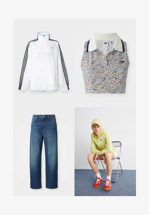 Valkoinen Adidas-vetoketjulla varustettu takki, jossa on korkea kaulus, mustat kolmiraidalliset hihat ja oranssi logo rinnassa.; Kukka-lyhyt toppi, jossa valkoinen pohja sinisillä, punaisilla ja keltaisilla kukilla. Sisältää valkoisen kauluksen tummansinisillä yksityiskohdilla ja brodeeratun logon.; Siniset farkut, leveä lahjerakennus, keskikorkea vyötärö, hillitty haalistuminen, viiden taskun tyyli, nappi- ja vetoketjukiinnitys, suora helma.; Vaaleanvihreä huppari, jossa on logo, valkoiset shortsit, punaiset tennarit valkoisilla raidoilla, istuu kromisessa taitettavassa tuolissa neutraalia taustaa vasten.