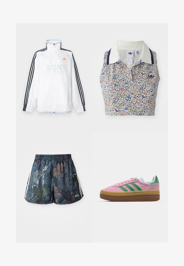 Veste zippée Adidas blanche avec col montant, manches noires à trois bandes et logo orange sur la poitrine.; Top court floral avec une base blanche ornée de fleurs bleues, rouges et jaunes. Il comprend un col blanc avec des accents marine et un logo brodé.; Un short pour adulte avec un motif de feuilles multicolores sur fond sombre, doté d'une taille élastique et de rayures blanches sur les côtés.; Baskets en daim rose avec des rayures vertes, des accents blancs et une semelle en caoutchouc brun. Comportent un tissu texturé et un détail de logo sur le côté.