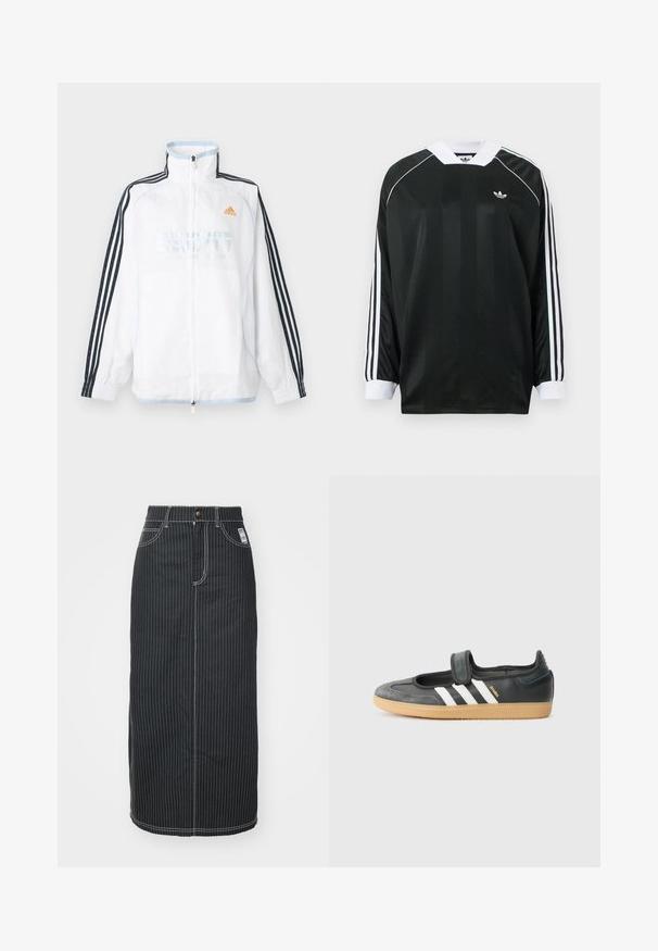 Valge Adidas lukuga jakk kõrge kraega, mustade kolme triibuga varrukatega ja oranži logoga rinnal.; Must pika varrukaga särk V-kaelusega, millel on vertikaalsed triibud, valged aksendid ja kolm valget triipu kummagi varruka peal. Väike logo rinnal.; Mustmust värvi midi seelik valgete vertikaalsete triipudega. Omab nupukujulist vööd, kahte esikotti ja kontrastset õmblust. Sirge lõikega disain.; Mustmust ja sametist sneaker, millel on Velcro rihm, kolm valget triipu ja kummi tallad, küljel on silt "SAMBA".