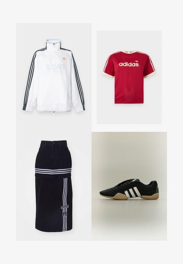 Witte Adidas jas met ritssluiting, hoge kraag, zwarte mouwen met drie strepen en oranje logo op de borst.; Rood Adidas mesh t-shirt met beige bies aan de kraag, mouwen en de drie strepen op de schouders, met Adidas-logo en tekst op de voorkant.; Zwarte spijkerrok met een hoge taille, voorzien van twee witte horizontale strepen, een Adidas logo tag aan de zijkant en een recht gesneden ontwerp.; Zwart sportief schoen met witte strepen en beige getextureerde zool op een neutrale achtergrond, weergegeven in zijprofiel.