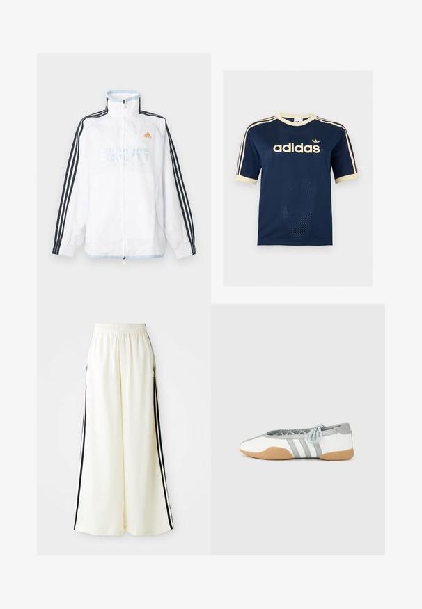 Λευκό μπουφάν Adidas με φερμουάρ και ψηλό γιακά, μαύρα μανίκια με τρεις ρίγες και πορτοκαλί λογότυπο στο στήθος.; Μπλε ναυτικό κοντομάνικο μπλουζάκι Adidas από δίχτυ με κρεμ λεπτομέρειες, τρεις κρεμ ρίγες στα μανίκια και το λογότυπο Adidas στο στήθος.; Λευκά παντελόνια με φαρδύ πόδι, ελαστική μέση και μαύρες κατακόρυφες ρίγες κατά μήκος των εξωτερικών ραφών.; Λευκές και γκρι μπαλαρίνες με στρογγυλερή μύτη και ελαστική κορδέλα, με τρεις γκρι ρίγες, και μπεζ λαστιχένια σόλα.