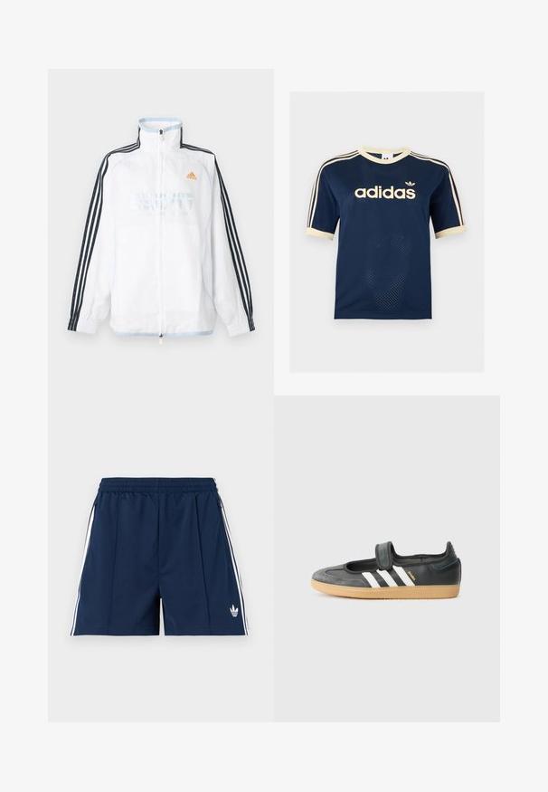 Λευκό μπουφάν Adidas με φερμουάρ και ψηλό γιακά, μαύρα μανίκια με τρεις ρίγες και πορτοκαλί λογότυπο στο στήθος.; Μπλε ναυτικό κοντομάνικο μπλουζάκι Adidas από δίχτυ με κρεμ λεπτομέρειες, τρεις κρεμ ρίγες στα μανίκια και το λογότυπο Adidas στο στήθος.; Μπλε ναυτικό αθλητικό σορτς με ελαστική μέση, λευκές πλαϊνές ρίγες, τσέπες με φερμουάρ και μικρό λευκό λογότυπο Adidas στο αριστερό πόδι.; Μαύρο δερμάτινο και σουέντ αθλητικό παπούτσι με ιμάντα Velcro, χαρακτηρισμένο από τρεις λευκές ρίγες και καουτσούκ σόλα, με την ένδειξη "SAMBA" στο πλάι.