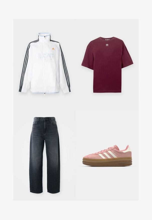 Biela bunda Adidas na zips s vysokým golierom, čiernymi rukávmi s tromi pruhmi a oranžovým logom na hrudi.; Bordové bavlnené tričko s okrúhlym výstrihom a krátkymi rukávmi, s bielym logom Adidas umiestneným v strede hrude. Hladká textúra.; Džínsy s voľným strihom v tmavom denime, vysoký pás, klasické zapínanie na gombík a zips, a jemné blednutie na prednej strane.; adidas Originals GAZELLE BOLD - Tenisky - mauve/off white