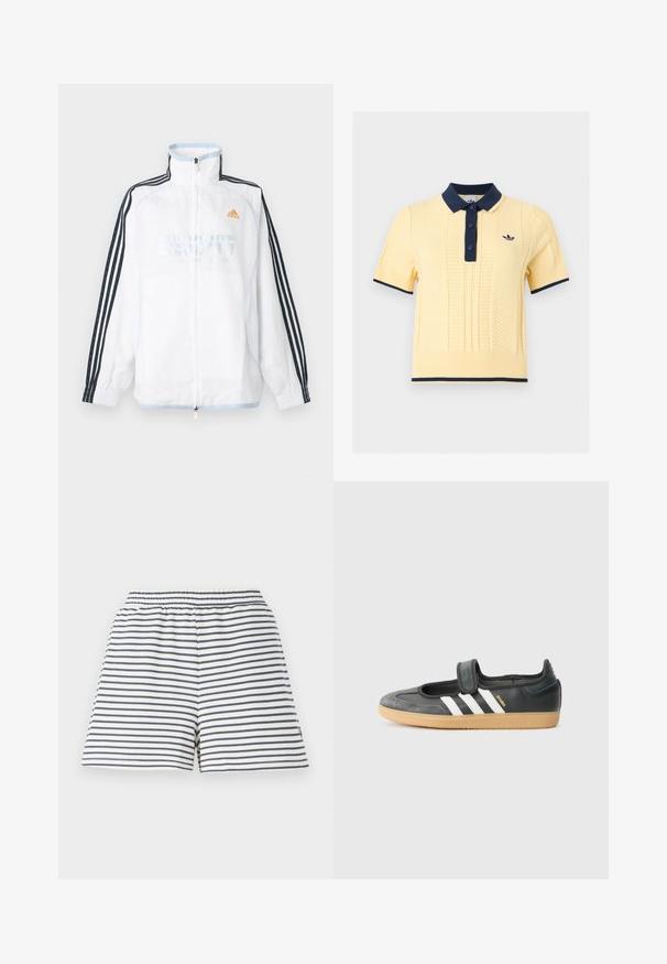 Λευκό μπουφάν Adidas με φερμουάρ και ψηλό γιακά, μαύρα μανίκια με τρεις ρίγες και πορτοκαλί λογότυπο στο στήθος.; Κίτρινη πλεκτή πόλο με κοντά μανίκια, ναυτικά μπλε γιακά, κόπιτσες, μανσέτες, περίγραμμα στην κάτω ραφή και μικρό κεντητό λογότυπο στο στήθος.; Ριγέ σορτσάκια με λευκό και ναυτικό χρώμα, ελαστική μέση, μαλακό βαμβακερό υλικό και χαλαρή εφαρμογή.; Μαύρο δερμάτινο και σουέντ αθλητικό παπούτσι με ιμάντα Velcro, χαρακτηρισμένο από τρεις λευκές ρίγες και καουτσούκ σόλα, με την ένδειξη "SAMBA" στο πλάι.