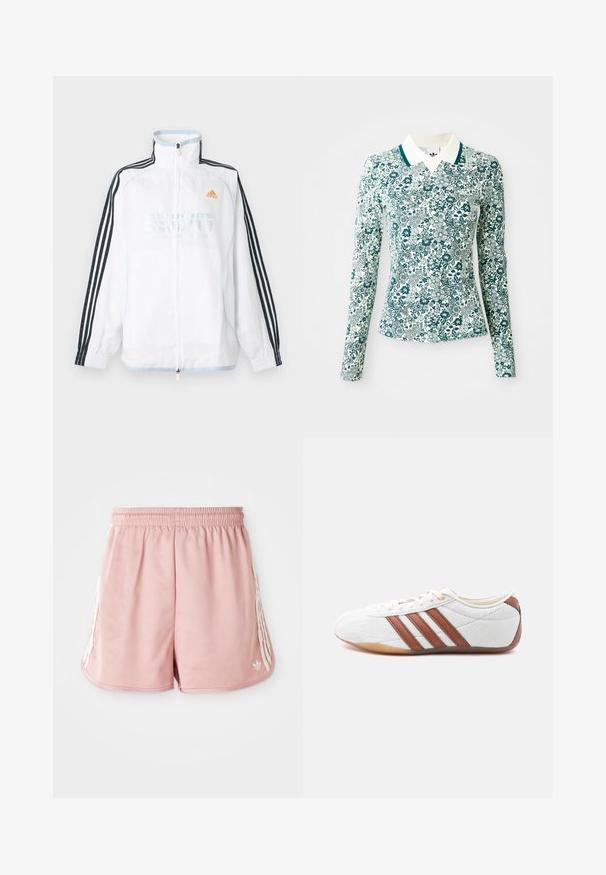 Valge Adidas lukuga jakk kõrge kraega, mustade kolme triibuga varrukatega ja oranži logoga rinnal.; Pikkade varrukatega sobiv särk teal'ise ja valge lillemustriga ning valge kraega teal'ise äärega, lihtsal taustal.; Roosa sportlikud lühikesed püksid elastse vöökoha, külgedel valgete triipudega ja väikese logoga vasakul all ees. Sile kangastekstuur.; Valge madala säärega tenniskinga pruunide nahast triipude, nöörpaela kinnituse ja kummist talla ning siseküljelt valge taustaga.