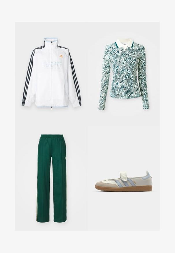 Biela bunda Adidas na zips s vysokým golierom, čiernymi rukávmi s tromi pruhmi a oranžovým logom na hrudi.; Dlhý rukáv priliehavá košeľa s tyrkysovo-bielym kvetinovým vzorom a bielym golierom s tyrkysovým lemovaním na jednolatom pozadí.; Tmavohnedé športové nohavice s voľným strihom, s nastaviteľným pásom na šnúrku, postrannými vreckami a smotanovými pruhmi po stranách.; adidas Originals SAMBA JANE BALLERINA - Balerínky s remienkom okolo členku - cloud white/halo blue