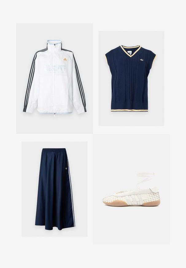 Λευκό μπουφάν Adidas με φερμουάρ και ψηλό γιακά, μαύρα μανίκια με τρεις ρίγες και πορτοκαλί λογότυπο στο στήθος.; Σκούρα μπλε ζακάρ γιλέκο χωρίς μανίκια με V-λαιμόκοψη, εκρού διακοσμητικές λεπτομέρειες στο λαιμό, στα μανίκια και στο τελείωμα, και μικρό λογότυπο Adidas στο αριστερό στήθος.; Μακριά φούστα σε ναυτικό μπλε με ελαστική μέση, δύο λευρές πλαϊνές ρίγες και μικρό λευκό λογότυπο Adidas στην αριστερή πλευρά.; Λευκό πλεκτό παπούτσι με υφή στο πάνω μέρος, διαθέτει στρογγυλεμένη μύτη, λευκές δερμάτινες λεπτομέρειες και ευλύγιστη καουτσούκ σόλα. Στενά κορδόνια προσαρτημένα.
