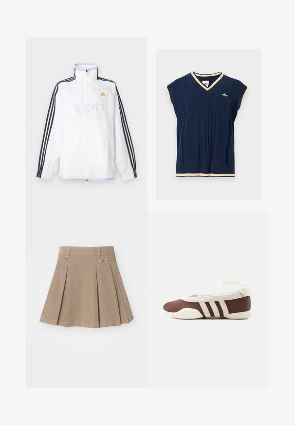 Witte Adidas jas met ritssluiting, hoge kraag, zwarte mouwen met drie strepen en oranje logo op de borst.; Marineblauwe mouwloze gebreide vest met V-hals, crèmekleurige boord aan hals, mouwen en zoom, en klein Adidas-logo op de linkerborst.; Beige geplooide rok gemaakt van een gestructureerde stof. Voorzien van een tailleband met riemlussen en een logopatch aan de linkerzijde.; Bruine en witte ballerinaschoenen met drie witte strepen en een strik om de enkel op een effen lichte achtergrond.