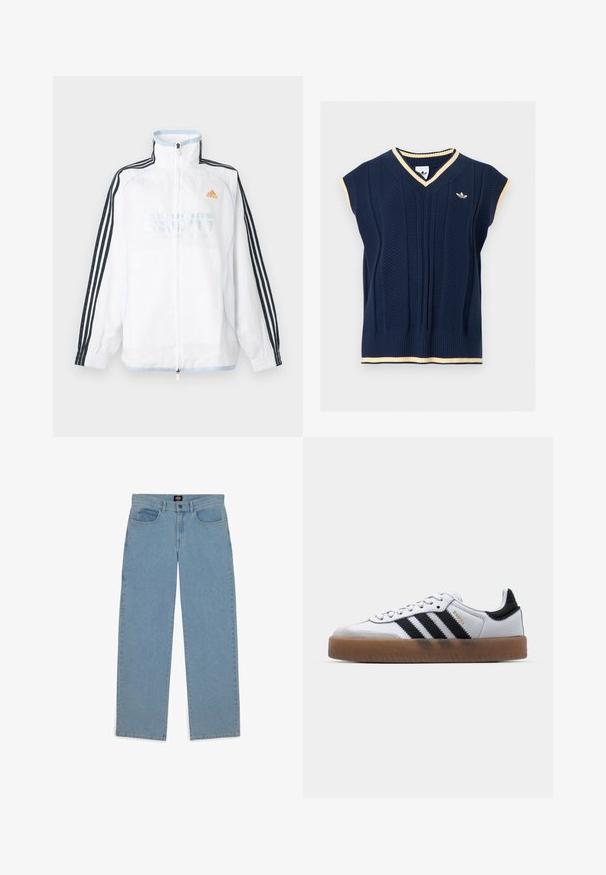 Biela bunda Adidas na zips s vysokým golierom, čiernymi rukávmi s tromi pruhmi a oranžovým logom na hrudi.; Tmavomodrá bezrukávová pletená vesta s výstrihom do V, krémovým lemom na krku, rukávoch a spodnom okraji a malým logom Adidas na ľavej strane hrudníka.; Svetlomodré džínsy, voľný strih, denímová tkanina, päť vreciek, gombíkový uzáver, priame nohavice, viditeľné švy, bez vzorov alebo akcentov.; Biele kožené tenisky s čiernymi pruhmi, gumová podrážka, okrúhla špička, šnurovanie a mäkký sivý semišový špička.