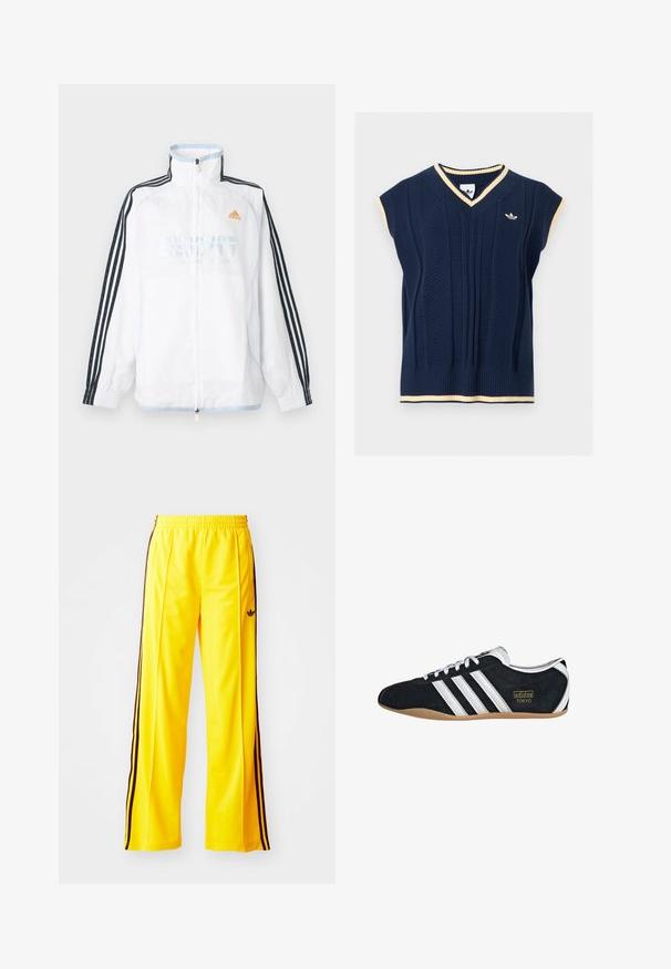 Valge Adidas lukuga jakk kõrge kraega, mustade kolme triibuga varrukatega ja oranži logoga rinnal.; Tumesinine varrukateta kudumvest V-kaelusega, kaelusel, varrukatel ja äärel kreemikas ääris ning väikese Adidas logo vasakul rinnal.; Kollased spordipüksid mustade külgede triipudega ja elastse vöökoha ülesehitusega. Valmistatud sujuvast, kergekaalusest materjalist. Säärtes on logo.; Must musta tennisjalanikesed valgete kolme triibuga, kuldse logo ja pruuni kummitaldiga. Omab madalat sidumise disaini.