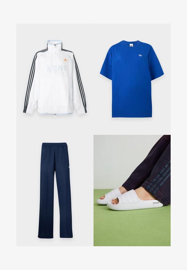 Valge Adidas lukuga jakk kõrge kraega, mustade kolme triibuga varrukatega ja oranži logoga rinnal.; Sinine lühikeste varrukatega Adidas T-särk ümmarguse kaelusega, vasakul rinnal väike valge Adidas trefoil logo.; Söe sinised vabaajajooksupüksid elastse vöökohaga, külgedel lukuga taskud, sirge sääreosaga ja väike valge logo paremal reiel.; Valged kummist libisemisjalanõud kolme tekstuuriga horisontaalse triibuga, ümar varvas ja küljele trükitud logo, koos tumedate teksadega.